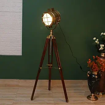 PRISTINE INTERIORS Brown Fabric Shade Tripod Floor Lamp with Black Base Silver Metal Shade Tripod Floor Lamp with Beige Base (Vintage)