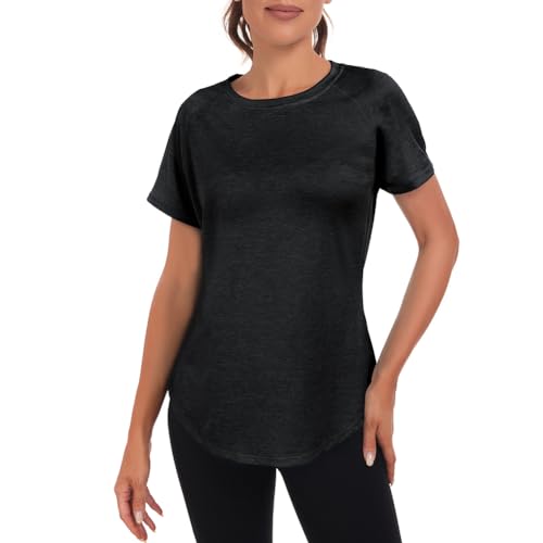 Jlowesun Sportshirt Mujer Manga Corta Suelto, Ligero Transpirable Funcional Malla Trasera Deporte Tops Mujer, Cuello Redondo Deporte Top Mujer Adecuado para Fitness Correr Yoga Casual Camiseta