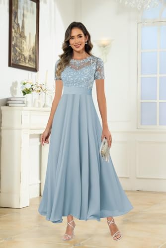 Mother of The Bride Dresses for Women Short Sleeve Lace Applique Long Chiffon Mother Groom Gown4
