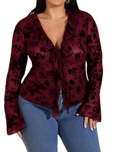 WDIRARA Women's Plus Size Floral Lace Mesh Sheer Tie Front Going Out Top