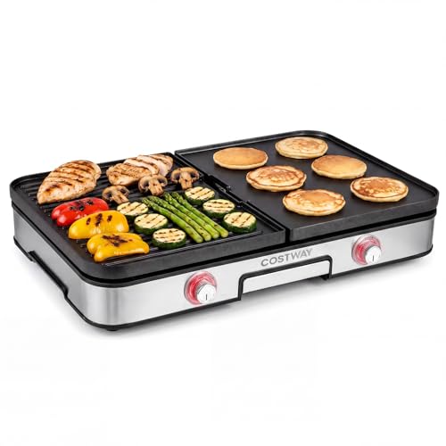 COSTWAY 3 en 1 Plancha Électrique 2000W, Double Zone, Plancha Grills avec 2 Plaques Réversibles, Protection Contre les Éclaboussures, Bac à Graisse...
