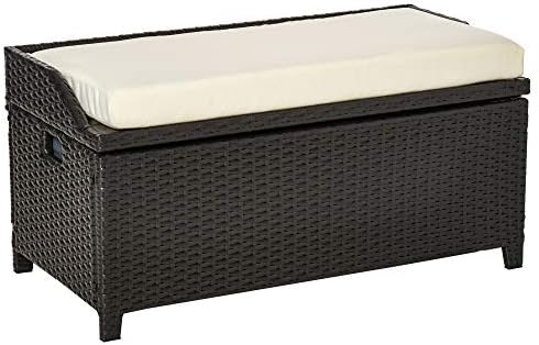 Outsunny Storage Bench Rattan Wicker Garden Deck Box Bin with Interior Waterproof Cloth Bag and Comfortable Cushion, White
