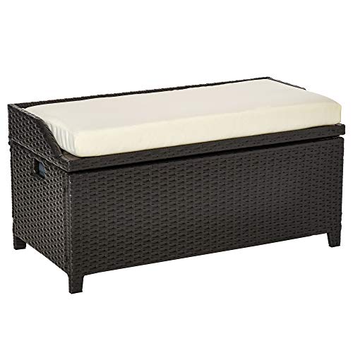 Outsunny Storage Bench Rattan Wicker Garden Deck Box Bin With Interior Waterproof Cloth Bag And Comfortable Cushion, White #TOP27