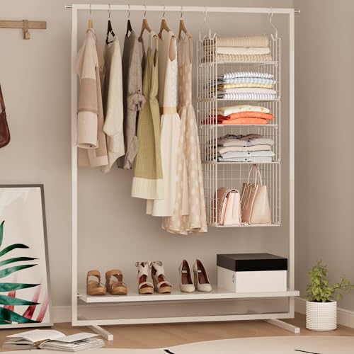 Image of X-cosrack Closet Hanging Organizer and Storage - 5 Tier Hanging Shelves, Wire Closet Shelf Organizer Basket with Adjustable Dividers for Home Clothing Sweaters Shoes Handbags