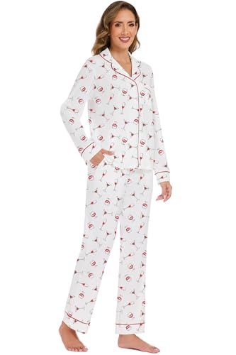 Image of LUBOT Christmas Pajamas for Women 100% Cotton Pajama 2 Piece PJ Set Soft Long Sleeve Button Xmas Print Loungewear XS-XXL