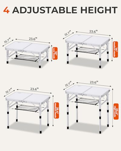 Sportneer Klappbarer Campingtisch, höhenverstellbar, Kleiner Klapptisch, tragbare Campingtische (60 cm L x 40 cm B (4 Höhen)) mit Netzschicht für Outdoor