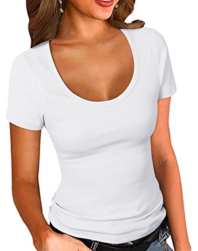 PALINDA Women's Scoop Neck Ribbed Fitted Shirt Basic Short Sleeves Summer T Shirt Tops