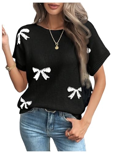 GORGLITTER Women's Bow Short Sleeve Sweater Lightweight Sweater Crew Neck Pullover Knit Tops