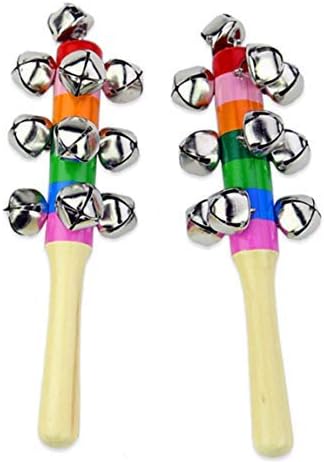 CrazyCrafts Colourful Wooden Rainbow Baby Handle Jingle Bell Rattle Toys, Pack of 2