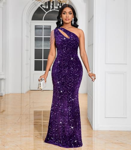 Image of Cololura Women Sequin Elegant Sexy One Shoulder Tassel Mermaid Bodycon Cocktail Evening Dress