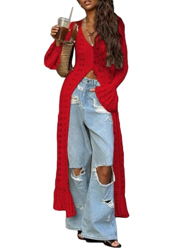 Image of Unybwonn Long Cardigans for Women Crochet Hollow Out Knit Sweater Cover up Maxi Dress Long Sleeve Button Down Cardigan