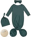 Newborn Knotted Gown Baby Girl Boy Sleepers, Coming Home Outfit 0-3 Months, Soft Nightgown Clothes with Wooden Hello World Sign