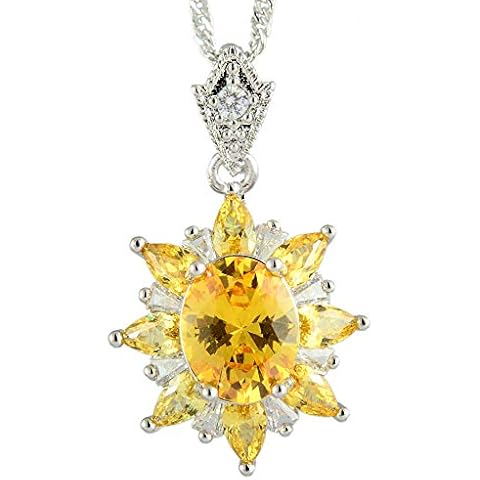 RIZILIA Oval Simulated Yellow Citrine 18K White Gold Plated Flower Pendant Necklace Curb Chain Cover