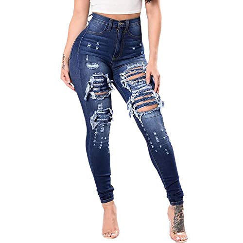 TIMEMEANS Women Slim Washed Ripped Hole Gradient Jeans Denim Sexy Regular Pant