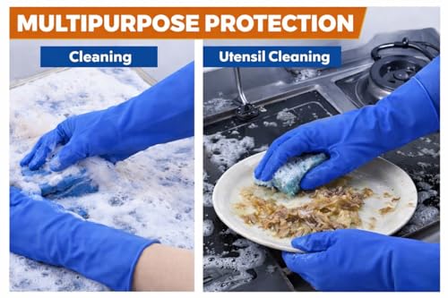 Image of LADWA Premium Rubber Cleaning Gloves, Blue Color Reusable Waterproof Gloves for Kitchen Cleaning, Dishwashing, Laundry and Gardening Use (Pack of 10 Pairs Value Pack)