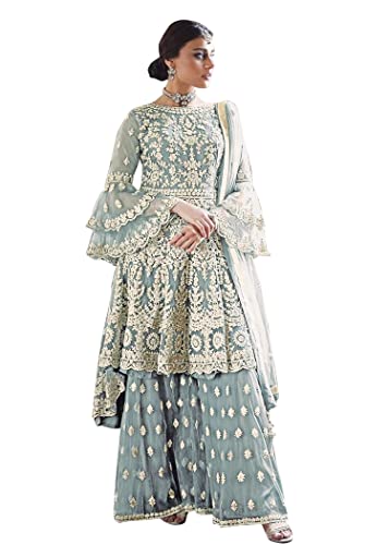 Miss Ethnik Women's Beige Net Semi Stitched Top With Stitched Net Bottom and Net Dupatta Embroidered Flared Top Dress Material (Kurta Palazzo Set) (D-1027)_Free Size