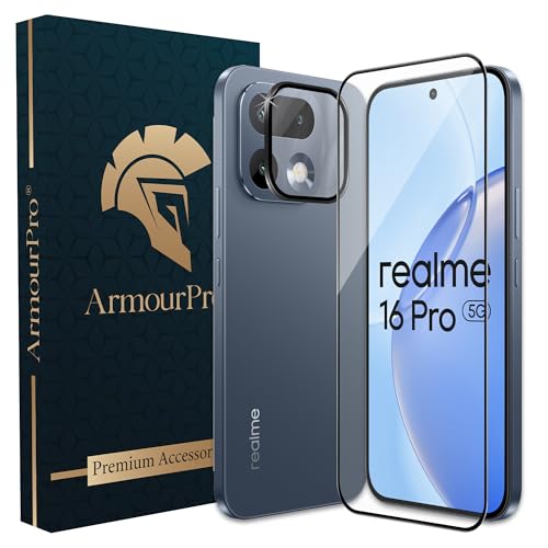 Image of ArmourPro Edge to Edge Tempered Glass for Realme 16 Pro with Black Camera Ring Guard, 9H Screen Protector, Anti-Scratch, Anti-Fingerprint, Bubble-Free Installation Kit