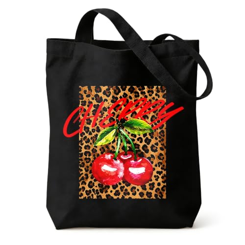 Image of Leopard-Print Cherries Tote Bag, Reusable Shopping Bags with 2 Handle