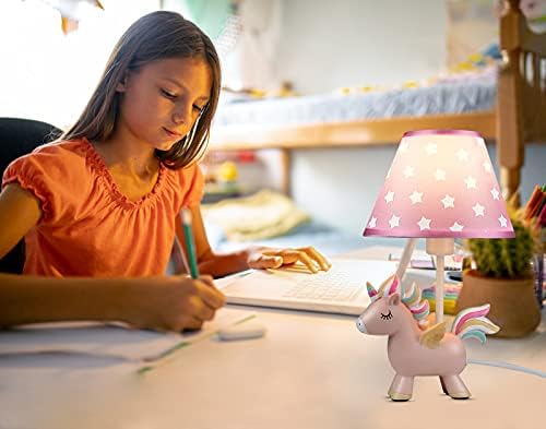 Kids Bedside Lamp, Unicorn Plug-in Night Lights Table Lamp with LED Bulb & Shade for Bedroom Reading, Sleeping, Unicorn Room Decor Accessories Gifts for Girls Christmas(Pink Star-UK Plug)