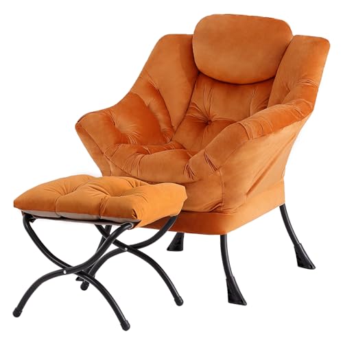 Image of Tiita Lazy Chair with Ottoman, Orange Modern Large Accent Armchair, Comfy Leisure Sofa Reading Chair with Footrest for Bedroom, Living Room, Dorm Rooms, Garden, Velvet Orange