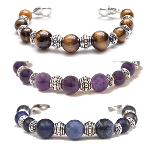 STRETCH Medical Alert Bracelet, Interchangeable Replacement Medical Bracelet, ID TAG NOT INCLUDED, Natural Stone (3pc Set - SAVE 10% - Purple/Blue/Brown, Custom Size Request)