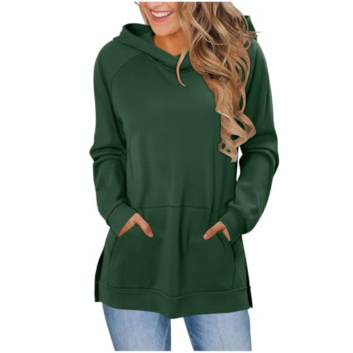 Hoodies for Women Oversized Loose Casual Long Sleeve Side Split Hem Hooded Sweatshirts Pullover Tunic Tops with Pocket Army Green