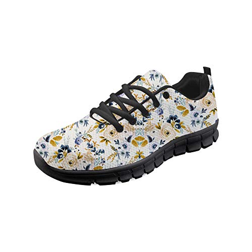 HUGS IDEA Freizeit-Sneaker, Vintage-Stil, Blumen-Design, Sportschuhe, knöchelfrei, Schnürschuh, Netzstoff, atmungsaktiv, Flower White B, 43 EU