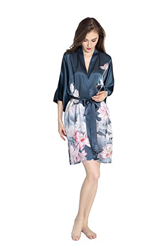 KIM+ONO Women's 100% Mulberry Silk Kimono Robe Short - Floral Print