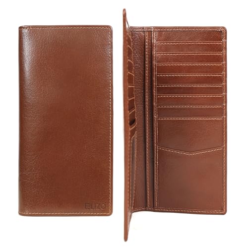 Image of ELIZO Men's Genuine Leather Long Wallet - RFID Blocking Rodeo Checkbook Wallet | Slim Western Bifold Wallet with 16 Card Slots, ID Window | Top Grain Leather Cowboy Wallet | Tequila