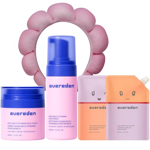 Image of Evereden Kids Complete Hair & Face Set: Multi-Vitamin Face Wash & Face Cream, Travel-Size Mini Detangling Shampoo & Conditioner, and Kids Spa Headband - Clean & Vegan - Ages 3+