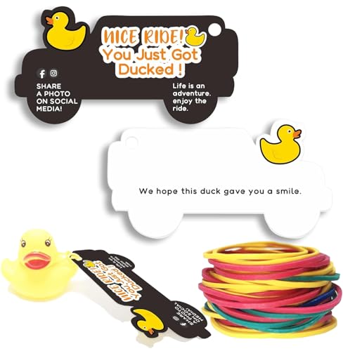 Dinggaogao Duck Tags 50 Pieces Duck Ducking Game Card Printed Car Duck Tags with Round Hole 50 Rubber Bands 3.5 x 1.85 Inches (Black)