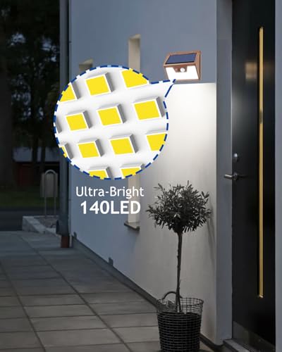 Image of Peasur Solar Lights Outdoor Motion Sensor [6 Pack /140LED /Brown], Ultra-Bright 3 Mode Fence Security Light Waterproof, Solar Wall Lighting for Patio Yard Step House Outside
