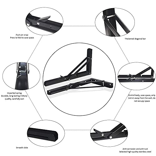 2Pcs Folding Shelf Brackets, Heavy Duty Stainless Steel Shelf Bracket for Table Work Space Saving DIY Bracket(Black) (20cm)