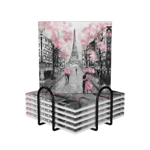 Lot de 6 dessous de verre en céramique Motif Tour Eiffel de Paris Street Rose avec fond antidérapant et rangement facile.