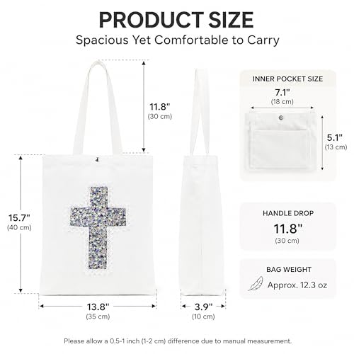 Image of Christian Tote Bag Gift for Women, Canvas Bible Bag Handmade Floral Cross | Christian faith-inspired gift, handcrafted cross with lace, inner pocket, snap closure, bottom gusset, church Bible study use