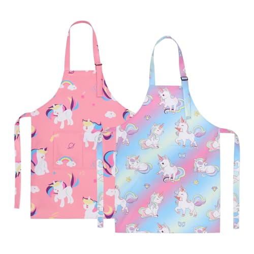 XLSXEXCL 2 Pack Unicorn Kids Aprons Adjustable Kids Cooking Painting Aprons with 2 Pockets Toddler Artist Smocks for Girls and Boys for Cooking Baking Painting