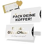 Creatastic - Reisegutschein Geschenk Verpackung, Hülle mit lustigem - Pack deine Koffer - Spruch, Karte mit Golddruck und Rubbelaufkleber, Gutschein Reise, Flugticket Geschenk, Gutschein Urlaub