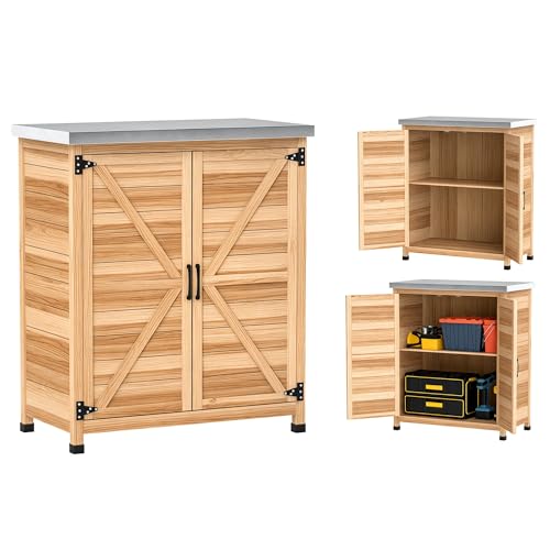 Outsunny Armario de Exterior de Madera, Caseta de Jardín Exterior con Techo de Acero Galvanizado, Estante, 2 Puertas, Cobertizo de Jardín para Almacenamiento de Herramientas, 79x43x92 cm, Natural