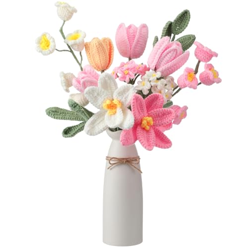 Thiccywoov 11 Pcs Crochet Flower Bouquet Handmade Knitted Tulip Bouquet Artificial Flowers Fake Tulips for Mothers Day Teacher Appreciation Nurse Gift