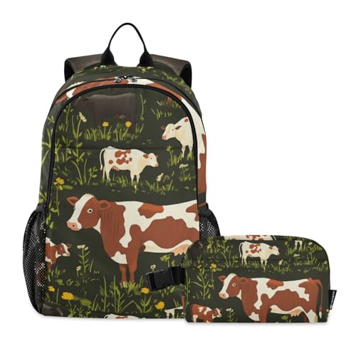 Kids Backpacks Set Cow Grass Bull Animal Boys Girls Backpack with Lunch Bag Toddler Bookbag