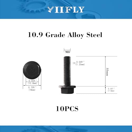 Image of M8 x 35mm Flanged Hex Head Bolts Flange Hexagon Screws, M8x1.25 Bolt, 10.9 Grade Alloy Steel, Hexagon Head Bolts, Black Zinc Finish, Full Thread, Quantity 10