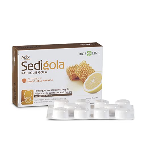 BIOS LINE Pastiglie Gola, Protezione e Idratazione Gola, Allevia Sensazione di Dolore, con Propoli e Semi di Pompelmo, 20 Pastiglie Gusto Miele e Arancia