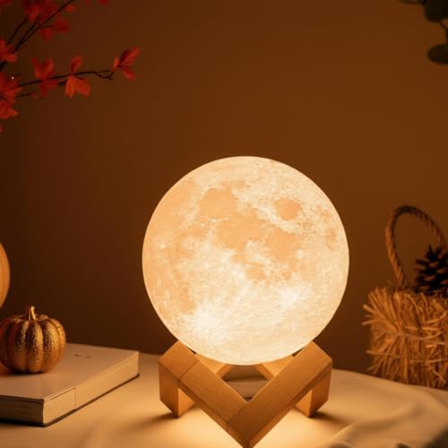 Mydethun Moon Lamp, 3D Printed LED Night Light 4.7' with Wooden B...