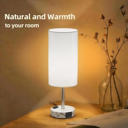 Image of Table Lamp, Dimmable Touch, AC Outlet, USB A+C (White&Marble) | 3-Way Dimmable, Small Touch Lamp with Eye-Care LED Bulb, Ideal Bright Lighting Bedside Lamps for Nightstand, Bedroom, Reading