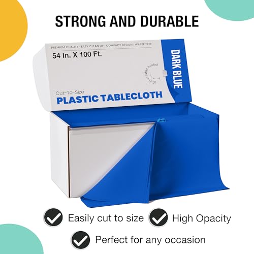 Image of Exquisite Party Solids 54 Inch X 100 Feet Dark Blue Plastic Table Cover Roll in A Cut - to - Size Box with Convenient Slide Cutter. Cuts Up to 12 Rectangle 8 Feet Plastic Disposable Tablecloths
