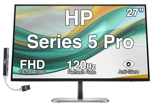 Image of HP Series 5 Pro 27 inch FHD IPS Monitor with 120 Hz 350 Nits, 5ms, Anti-Glare, Flicker Free, VESA Mount (100mm), Adjustable Height, Swivel, Pivot & Dockztorm USB Port Expander 2 Pack