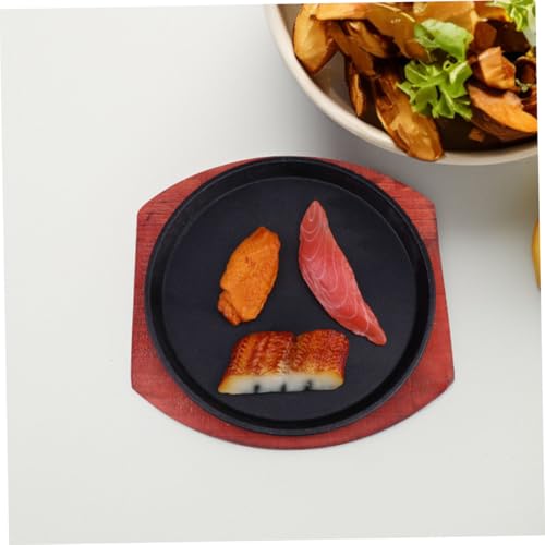 Healifty Cast Iron Griddle Sizzling Steak Plate 21cm Nonstick Round Fajita Pan with Wooden Base for Home Cooking and Induction Cooker BBQ Grill - Image 6