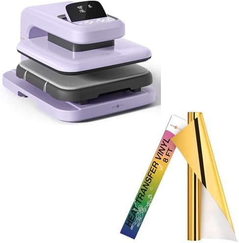 HTVRONT Auto Heat Press 2 - Heat Press Machine for T Shirts & HTVRONT Metallic Gold Heat Transfer Vinyl - 12in x 8ft Iron on Vinyl, Easy to Weed & Transfer