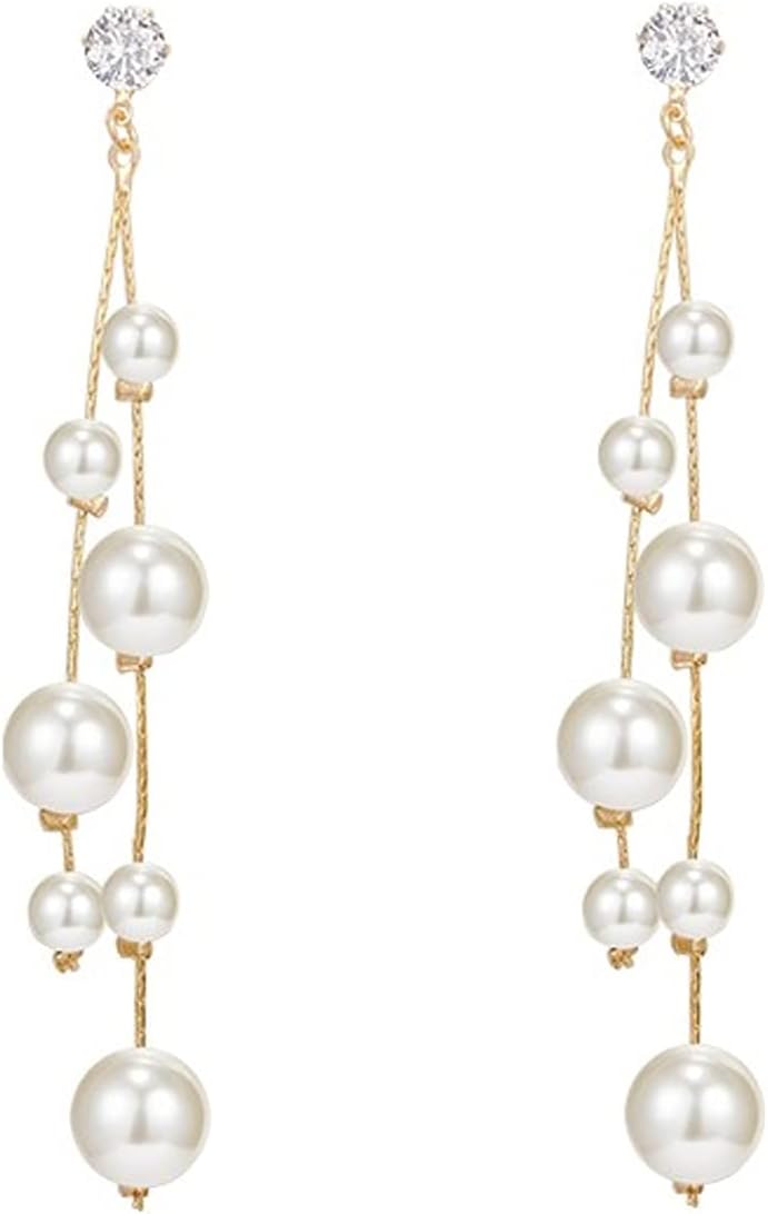 Long Tassel Pearl Dangle Earrings for Women Girls - Dangling Hanging Baroque Simulated Freshwater Pearl Drop Dangle EarringBridal Wedding Gift