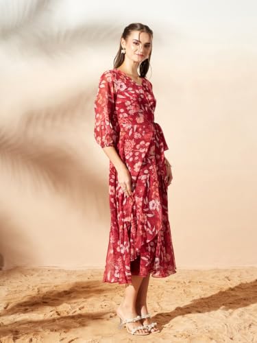 Image of Miss Chase Women's Multicolored Black Floral V-Neck 3 /4 Sleeve Wrap Chiffon Midi Dress